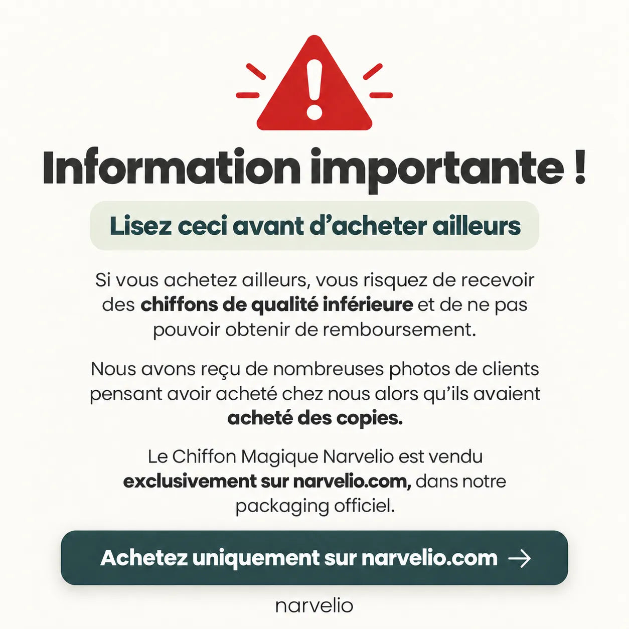 Information importante : achetez uniquement sur narvelio.com
