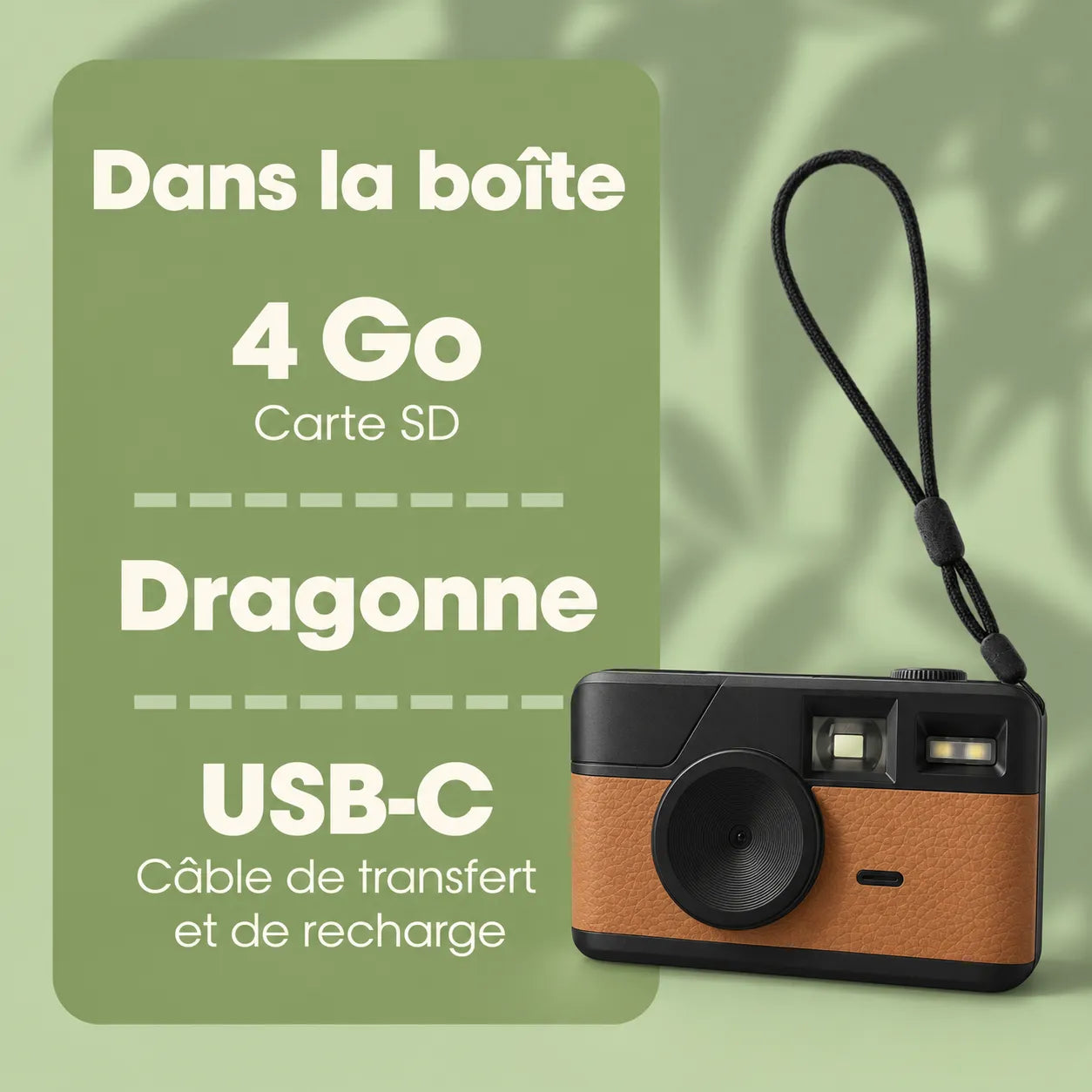 Dans la boîte : carte SD, dragonne, câble USB-C