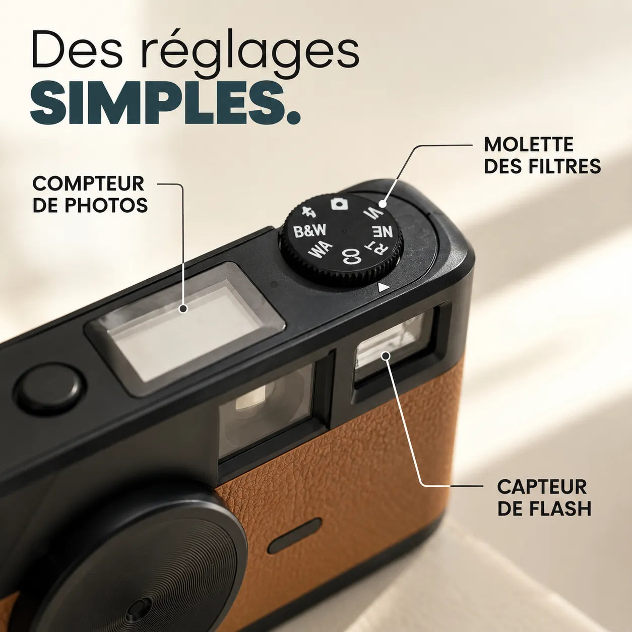 Des réglages simples : compteur de photos, molette des filtres, capteur de flash