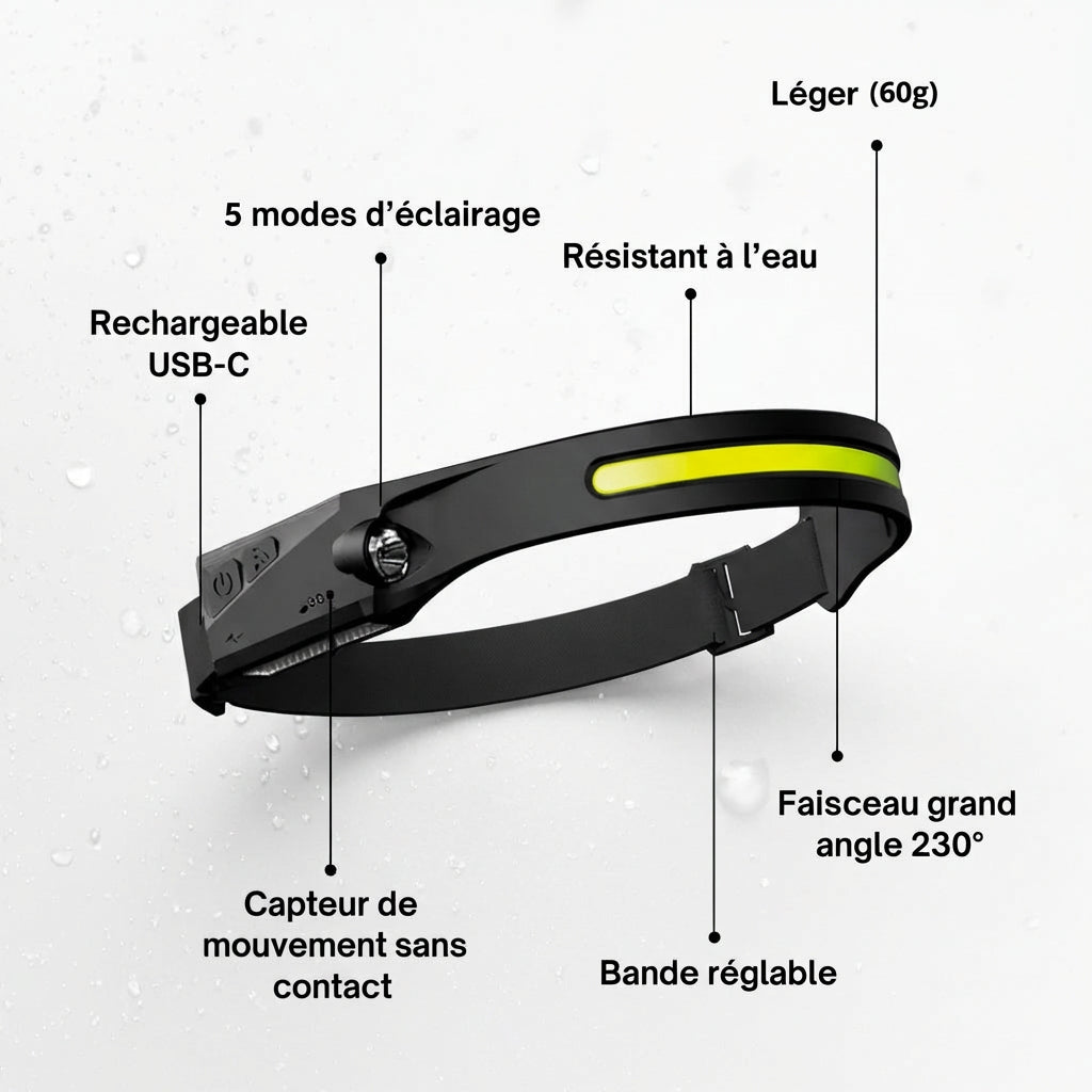 Lampe frontale LED Narvelio 230° portée en extérieur